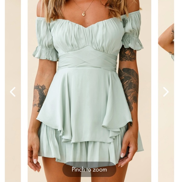 Selfie Leslie - Off the Shoulder Tie Back Romper Pisachio Size: M - Picture 3 of 6